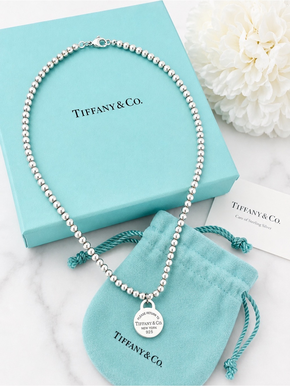 Rare Tiffany & Co. 4mm Bead Return to Tiffany Round Tag Necklace 16” Silver